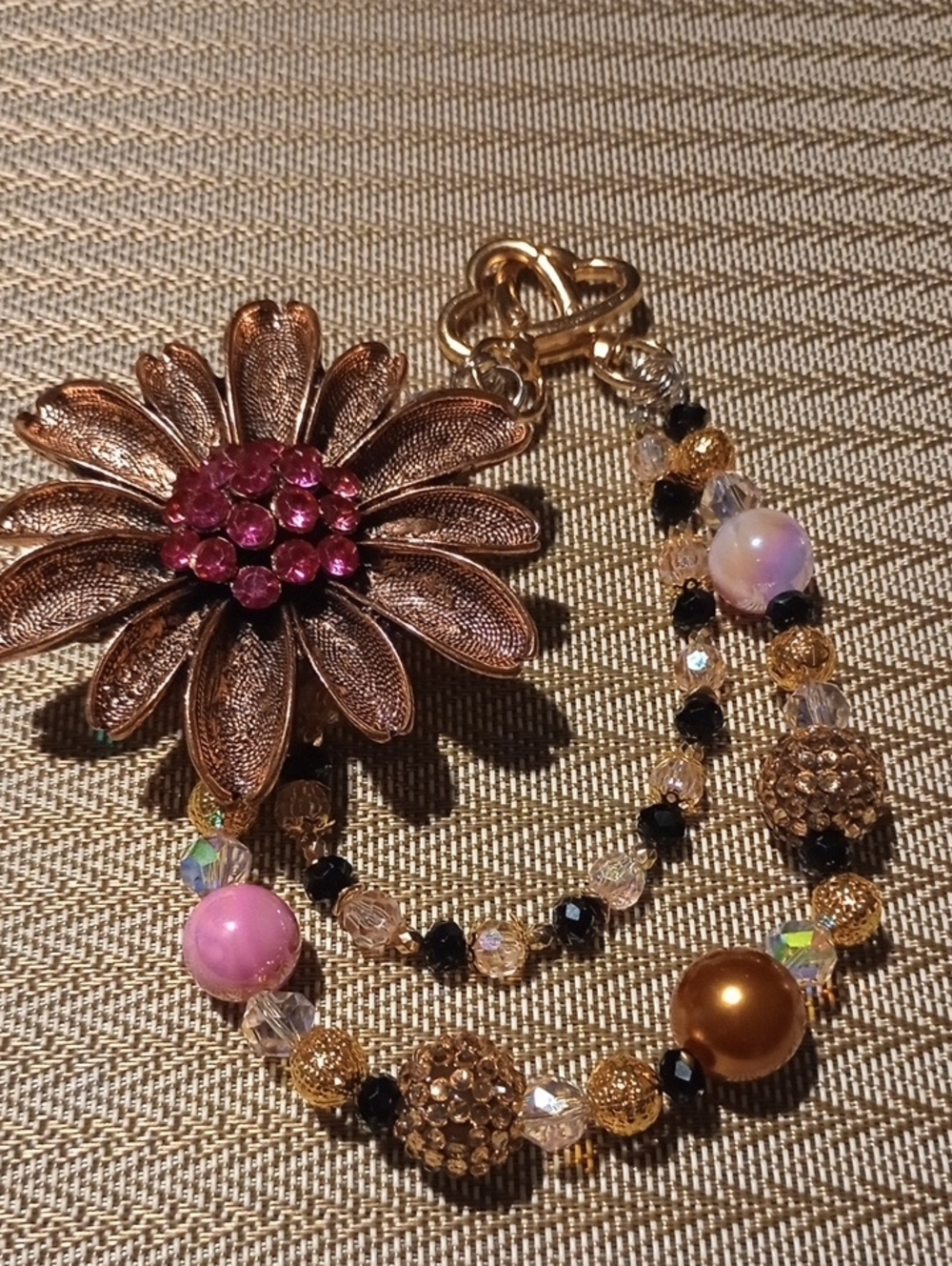 Purse Chain / Phone Chain Flower with Pink Crystal Center and Beaded Chain
